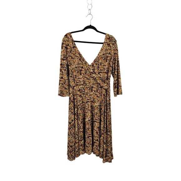 Vintage Slinky Stretch Faux Wrap Dress XL Brown Geometric Gathered Waist Mod USA - Picture 7 of 11